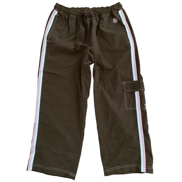 Green Tea Pants - Vintage 90s Y2k Brown Sporty Stripe Athletic Wear Cropped Cargo Track Pants S